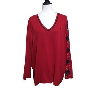 Tommy Hilfiger Red Argyle Sleeves Cotton Sweater 2X